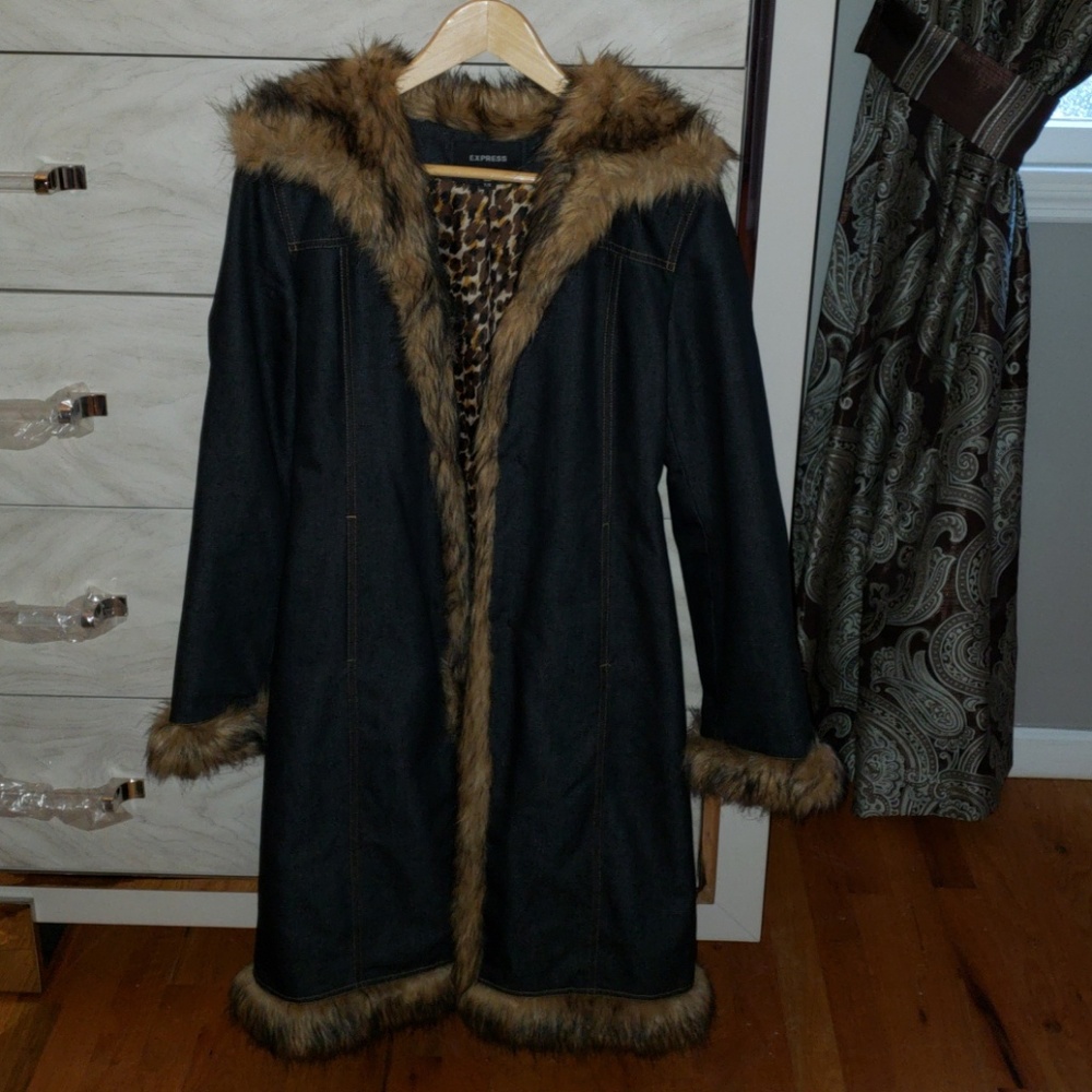 Express Women's long denim coat with faux fur
